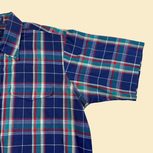 90s XL Gant shirt, vintage blue & teal short sleeve plaid mens button down top - Picture 5 of 10
